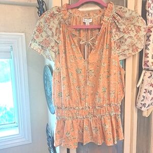 Current Air Boho Anthropolgie Orange & Green Paisley Peplum Floral Top Medium